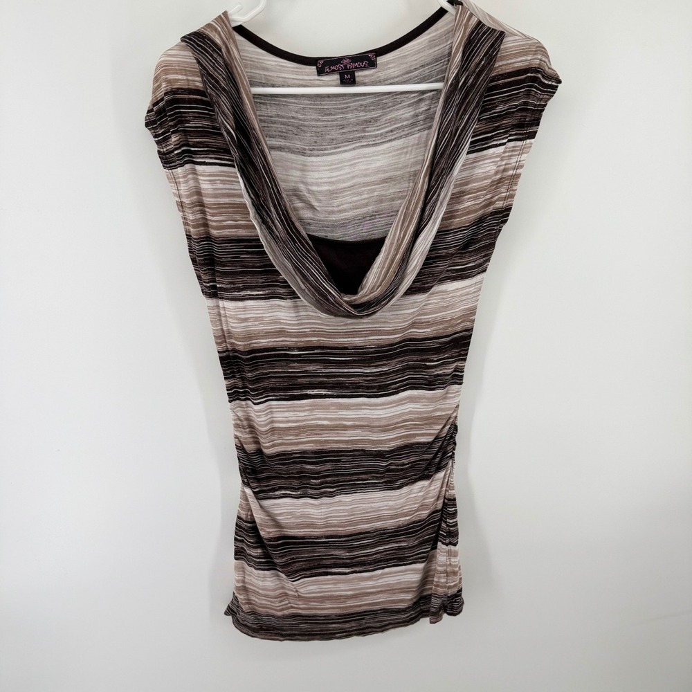 Vtg Y2K Almost Famous Womens Medium‎ Brown Striped Cowl Neck Ruched Side Top